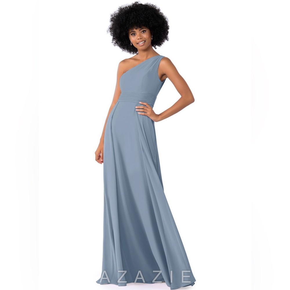 Azazie one shoulder gown, dusty blue